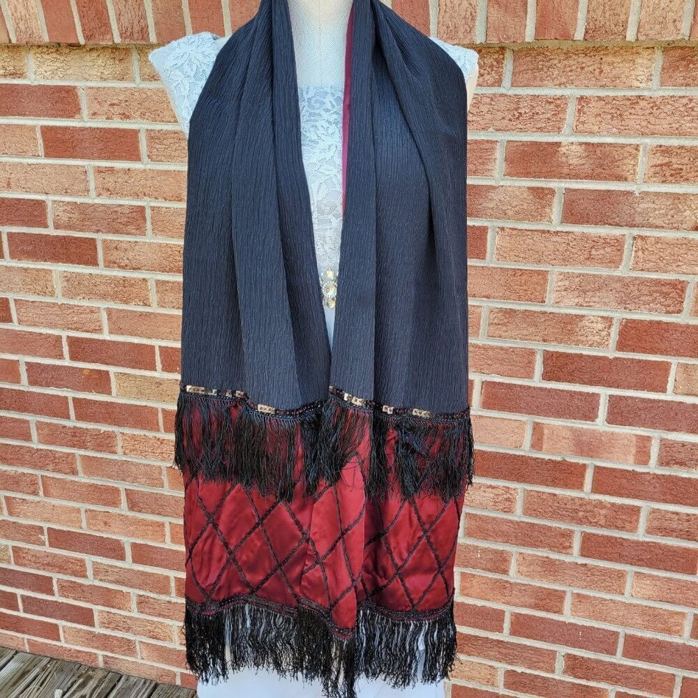 Chico's 100% Silk Wrap Scarf Elegant Beading and Tassels Black and Maroon